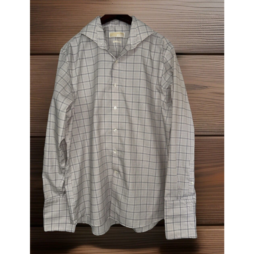 Michael Kors Non Iron 16.5 34/35 Tan & Blue Checked Long Sleeve Shirt